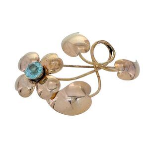 Vintage Sterling By Jordan Gold Tone Blue Rhinestone Flower Pin Brooch